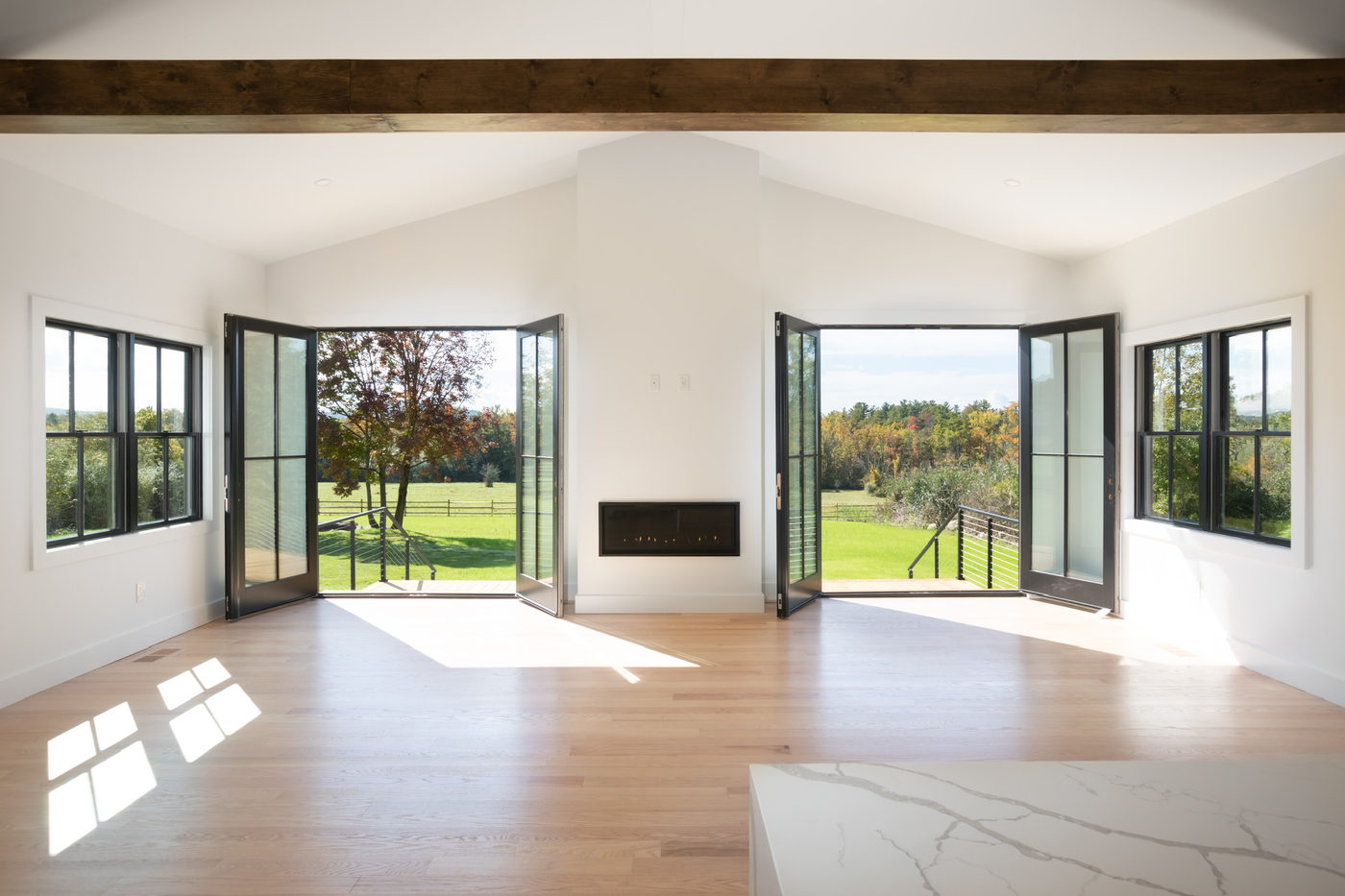 Vaulted living space with dark exposed beams, white oak floors and folding glass doors opening to an open field
